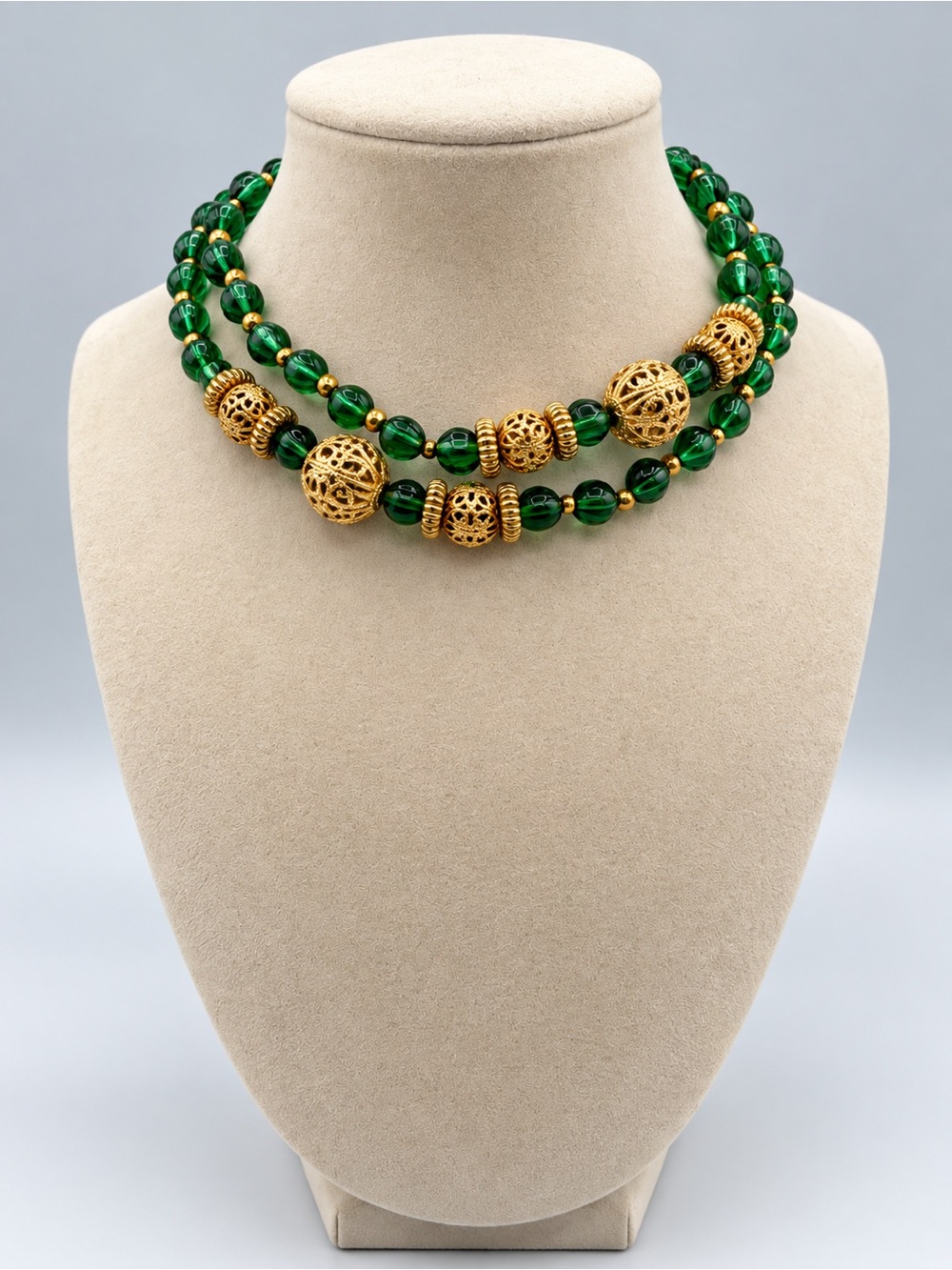 Elegant Green glass Bead Necklace with Gold Filigree Accents 26” long